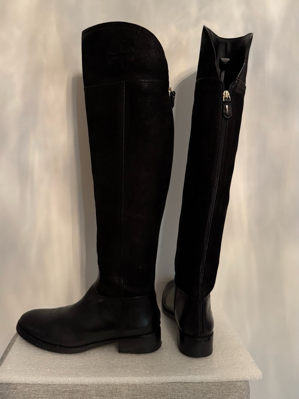 Tory Burch Black Leather Logo Over the Knee Riding Boots 39